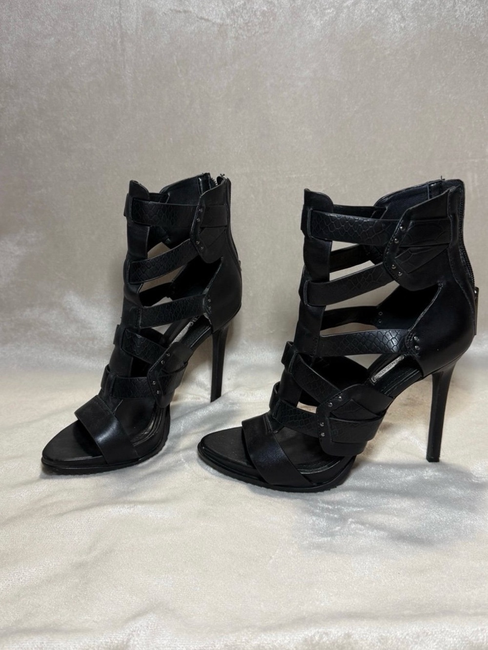 BCBG Black Cutout Strappy Stiletto Booties
